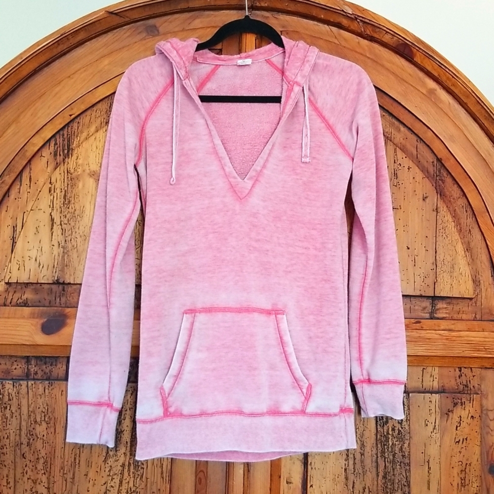 Burnout Pink V Neck Hoodie lounge Sweater Long Sleeve Distressed Worn